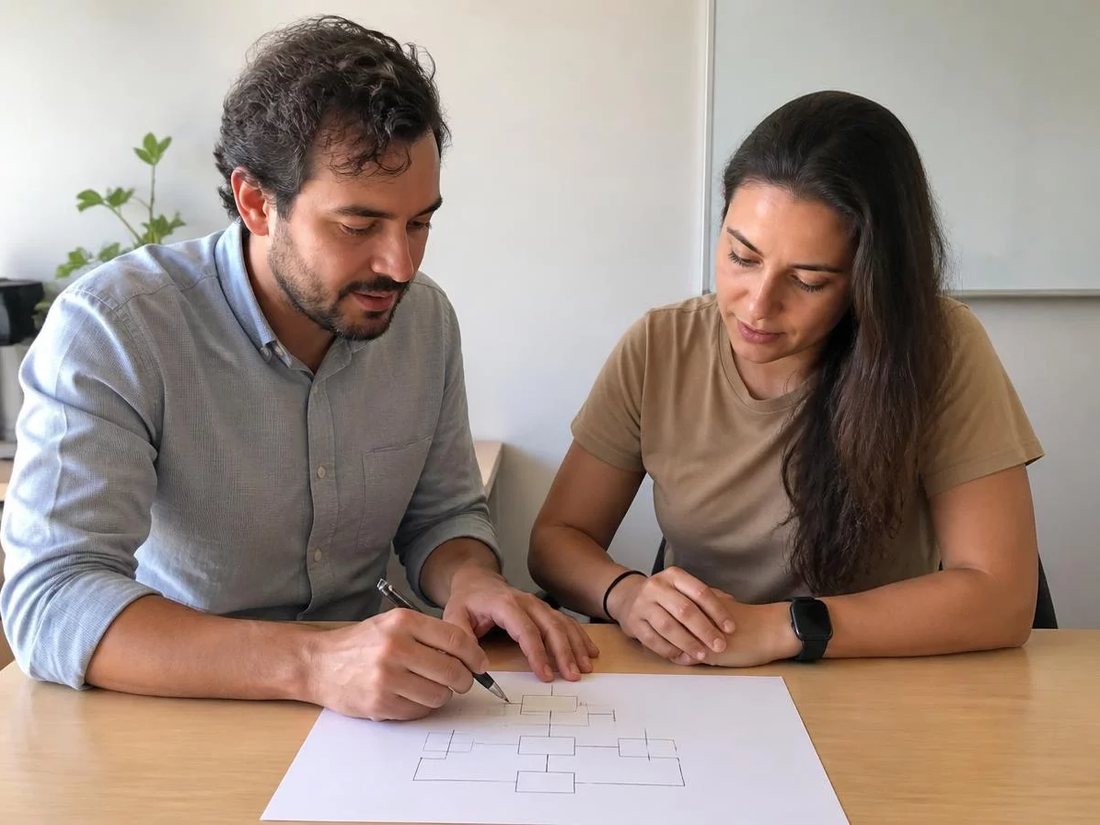 Duas pessoas relendo anotações num tablet apoiado numa mesa de madeira